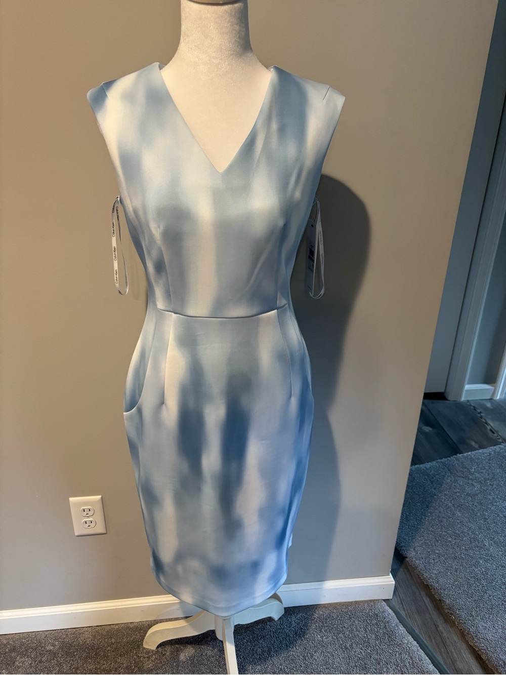 Calvin Klein Light Blue Watercolor V-Neck Sheath Dress
